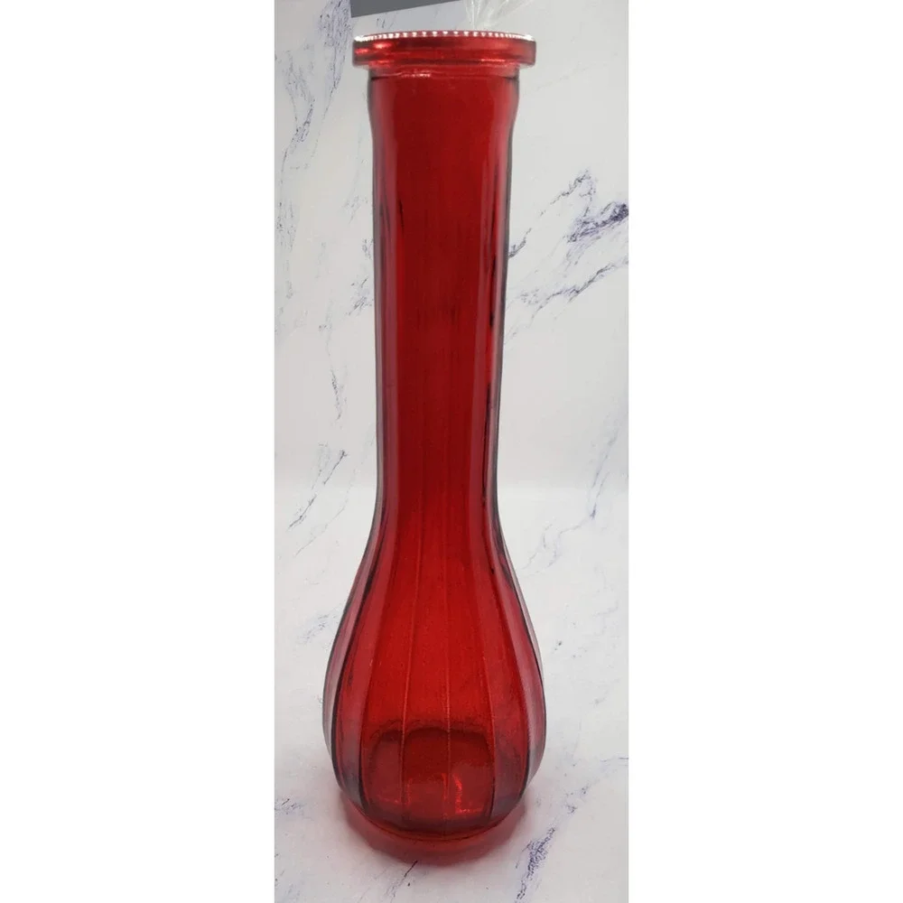 Ribbed Red Ruby 9 Inch Tall Glass Bud Vase